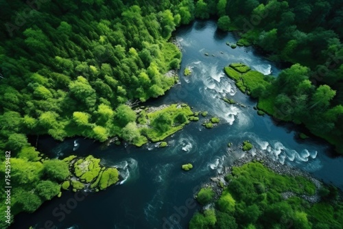 A serene river flowing through a vibrant green forest. Suitable for nature and landscape themes © Fotograf