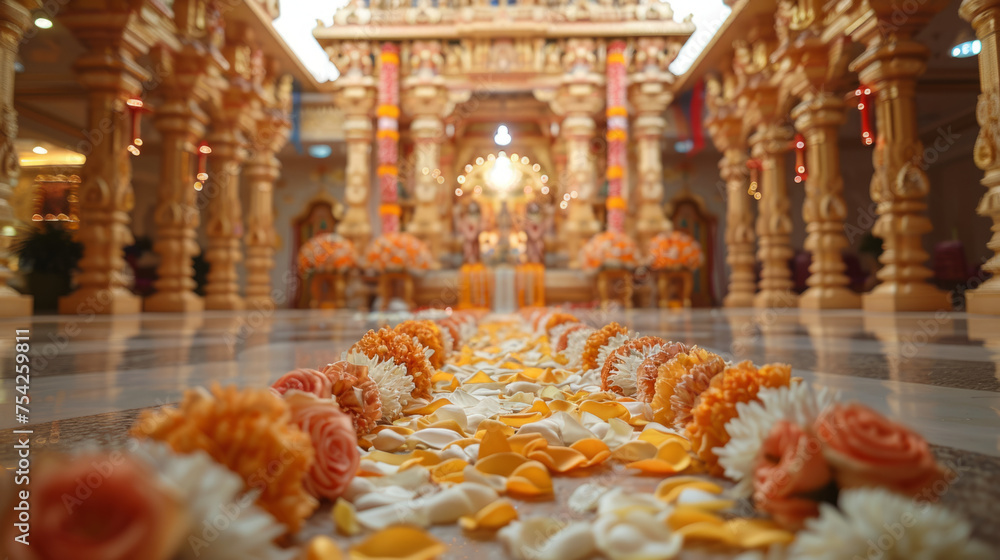 A vibrant low angle view inside a temple with a focus on flower petals and garlands strewn across the floor leading to the ornate altar with intricate carvings and soft lighting. A vibrant low angle view inside a temple with a focus on flower petals and garlands strewn across the floor leading to the ornate altar with intricate carvings and soft lighting.