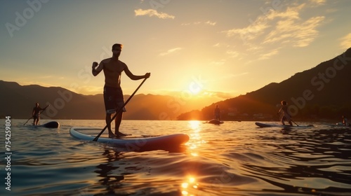 A man riding a paddle board on top of a tranquil lake. Suitable for outdoor and water sports concepts © Fotograf