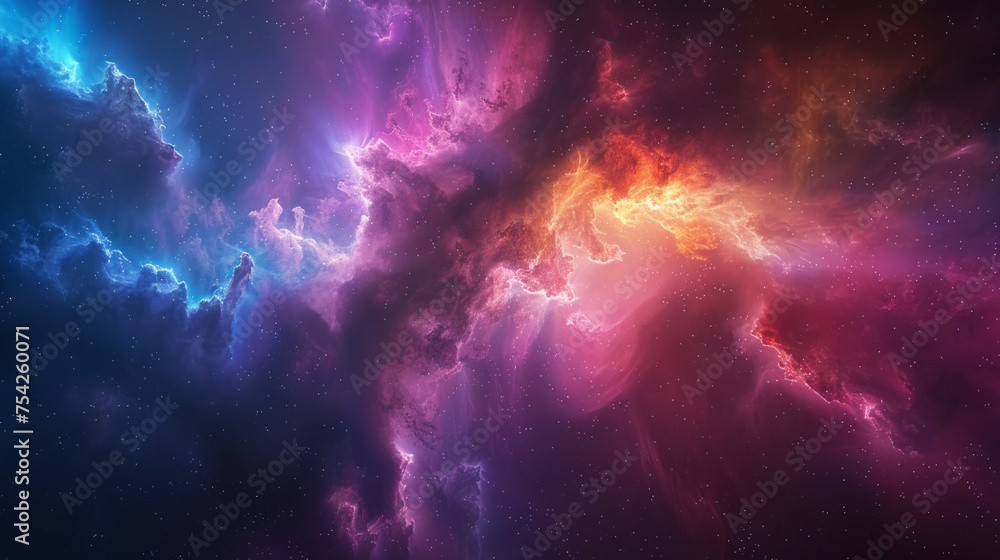 A high-resolution cosmic background depicting a vibrant nebula with swirling colors ranging from deep blues and purples to warm oranges and pinks, suggesting a dynamic and mystical outer space scene. - obrazy, fototapety, plakaty 