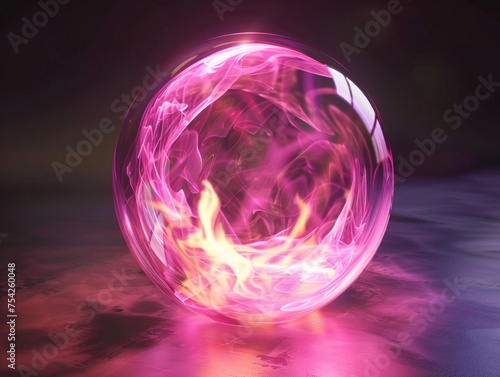 A 3D detailed atmosphere of a science glass globe with a pink flame