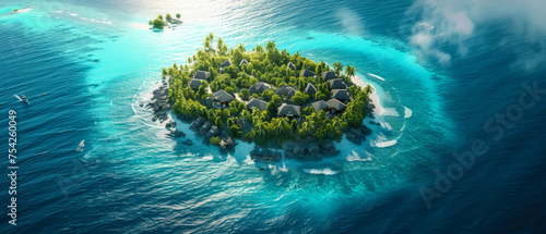 An aerial view on Tropical paradise.Luxury panorama view on Maldives resort on seascape background. Bungalow  villas on beautiful exotic beach on the ocean. Honeymoon. Generative ai
