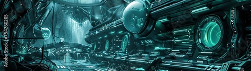 A 3D depiction of a dark futuristic alien laboratory with green and blue capsules
