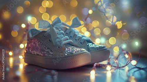 Sparkling children's shoes with glowing lights on a cozy background