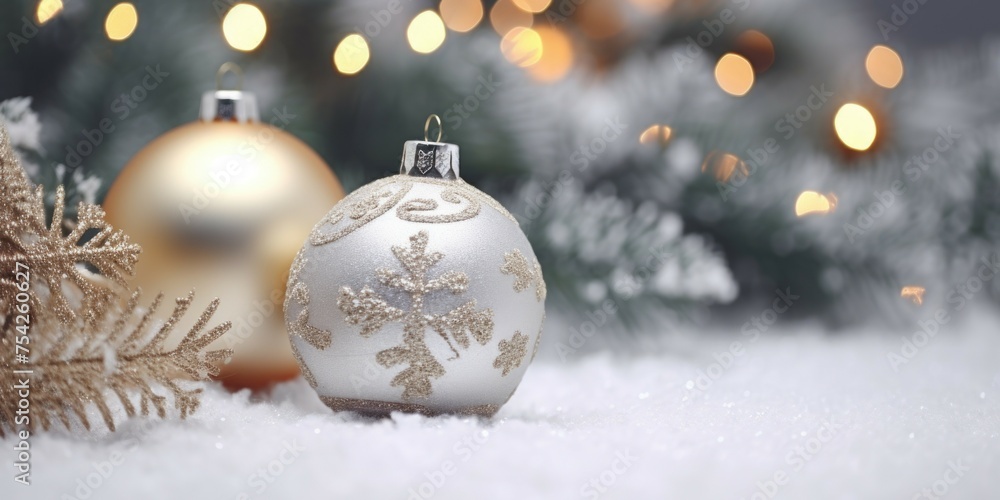 A close up of a Christmas ornament in the snow. Can be used for holiday-themed designs A close up of a Christmas ornament in the snow. Can be used for holiday-themed designs