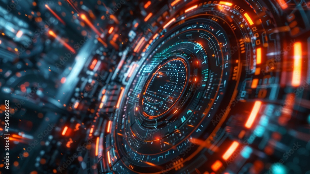 A 3D sci-fi scene showcasing detailed technology for securing information access against theft using artificial intelligence A 3D sci-fi scene showcasing detailed technology for securing information access against theft using artificial intelligence