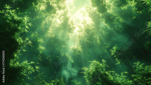 Sunlight streaming through a dense bamboo forest