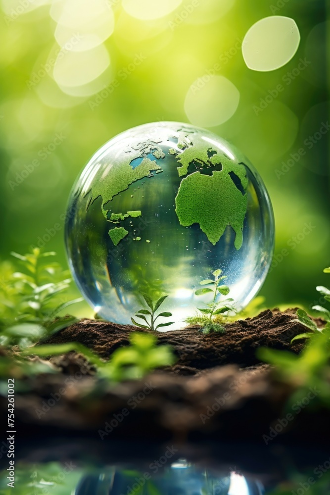 A glass globe placed on a vibrant green field. Suitable for environmental themes A glass globe placed on a vibrant green field. Suitable for environmental themes
