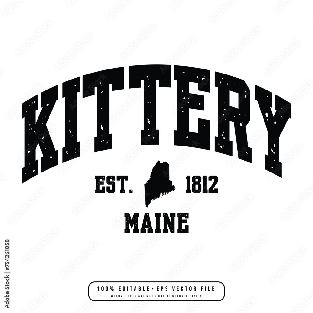 Kittery text effect vector. Editable college tshirt design printable