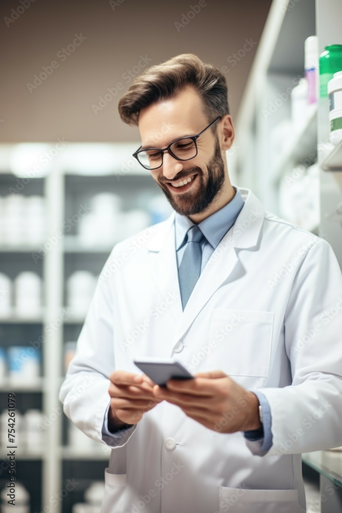 A man in a lab coat looking at a tablet. Suitable for technology and science concepts A man in a lab coat looking at a tablet. Suitable for technology and science concepts