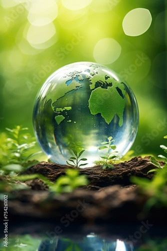 A glass globe placed on a vibrant green field. Suitable for environmental themes