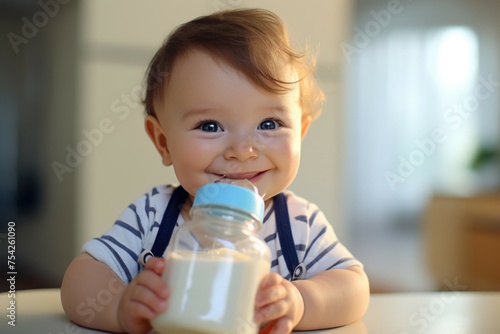 A cute baby holding a bottle of milk. Perfect for infant nutrition concepts