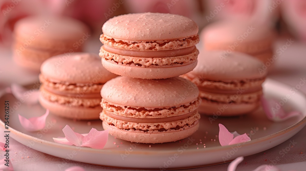 Delicate pink macarons on a plate with petal accents. perfect for sweet occasions. close-up view of french desserts. AI