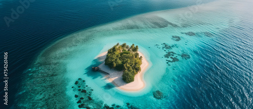 An aerial view on Tropical paradise.Luxury panorama view on Maldives resort on seascape background. Bungalow, villas on beautiful exotic beach on the ocean. Honeymoon. Generative ai