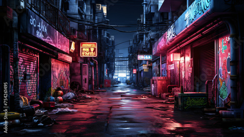 Dystopian Cityscape Neon Lights Illuminate Urban Decay