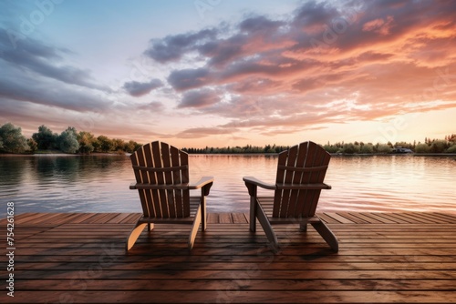 Two wooden chairs on a dock overlooking a body of water. Perfect for outdoor and relaxation concepts