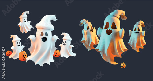 Playful Ghosts with Pumpkins: A Collection of Friendly Halloween Spirits in Various Poses, Perfect for Festive Decorations and Themed