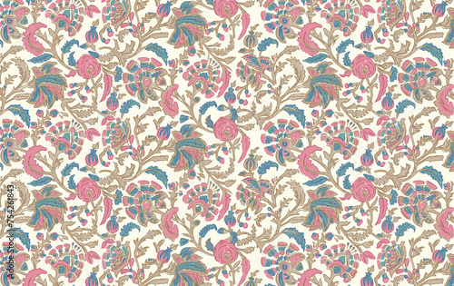 Illustrated by hand mughal floral motif, jaals and seamless patterns. Colorful overall chintz and traditional designs  