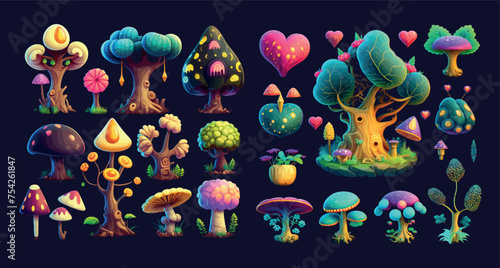 Enchanting Collection of Colorful Fantasy Mushrooms and Magical Forest Elements, Vector