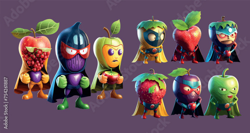 Colorful Vector Illustration of Fruit Superheroes Characters, Creative Concept Art of Apple, Strawberry, and Eggplant