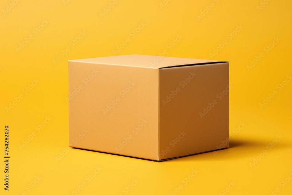 Obraz premium Simple brown cardboard box on vibrant yellow background. Great for packaging or shipping concepts