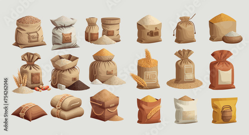 Variety of Detailed Grain and Flour Sacks Illustration Set, Featuring Different Types of Grains, Flour