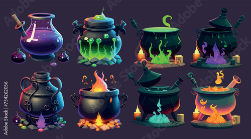 Colorful Collection of Magical Potions Brewing in Cauldrons, Featuring Flames, Bubbling Liquids, and Mystical