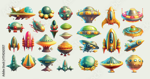 Colorful Collection of Various Alien Spaceships and Futuristic Flying Saucers, Detailed Vector