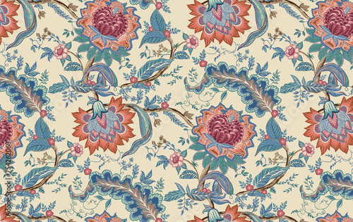 Illustrated by hand mughal floral motif, jaals and seamless patterns. Colorful overall chintz and traditional designs  