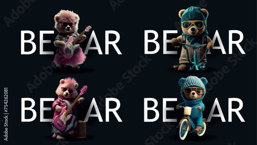 Adorable Animated Bears Engaging in Various Activities: Playing Guitar and Riding a Scooter - Perfect for Children’s Content