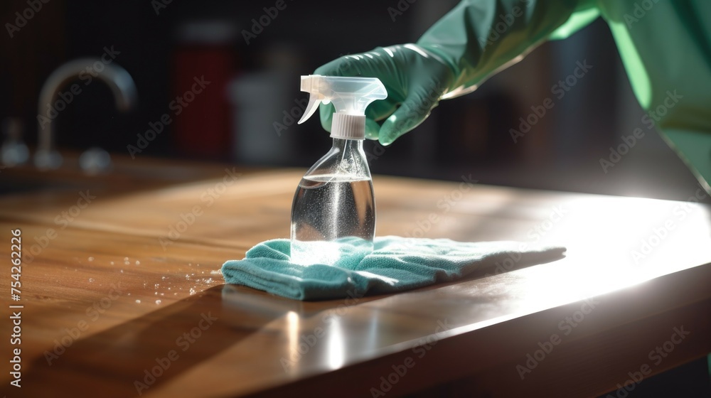 Person in green gloves cleaning a table. Suitable for household cleaning products advertising - obrazy, fototapety, plakaty 