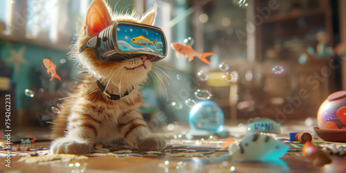 Kitten's Virtual Aquarium Adventure.
Kitten with VR headset imagines a vibrant underwater world amidst toys and bubbles. photo