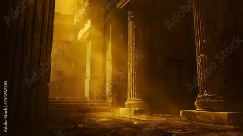 Mysterious ancient temple interior bathed in golden light  captivating historical architecture. perfect for fantasy settings. AI