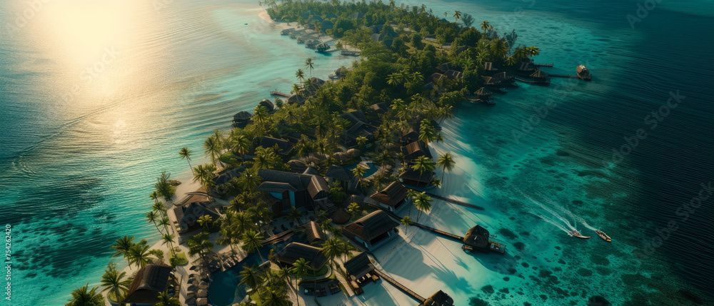 An aerial view on Tropical paradise.Luxury panorama view on Maldives resort on seascape background. Bungalow, villas on beautiful exotic beach on the ocean. Honeymoon. Generative ai - obrazy, fototapety, plakaty 