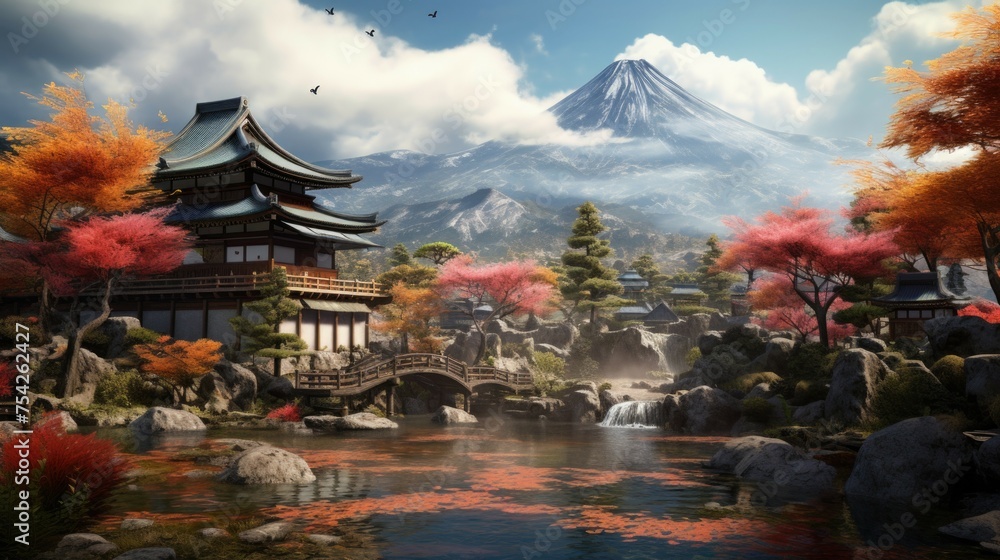 Peaceful Japanese garden with majestic mountain backdrop. Suitable for travel brochures