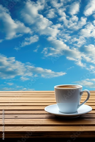 A simple image of a cup of coffee on a wooden table. Suitable for coffee shop promotions