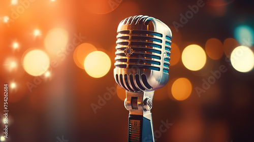 Retro microphone on blurred colorful lights background
