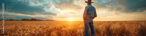 farmer at the field looking at the horizon, man standing in cowboy hat admire sunset photo
