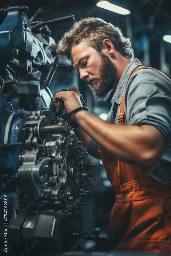 A man working on a machine in a factory. Suitable for industrial concepts A man working on a machine in a factory. Suitable for industrial concepts