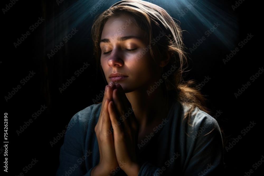 A woman in prayer with eyes closed, suitable for religious and spiritual concepts A woman in prayer with eyes closed, suitable for religious and spiritual concepts