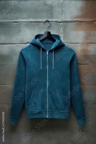 Blank Stonewashed Blue Zip-up Hoodie Mockup On Rough Concrete Background © Mikee