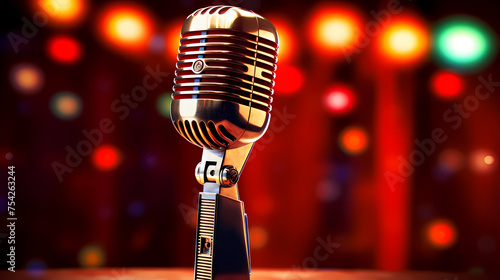 Retro microphone on blurred colorful lights background