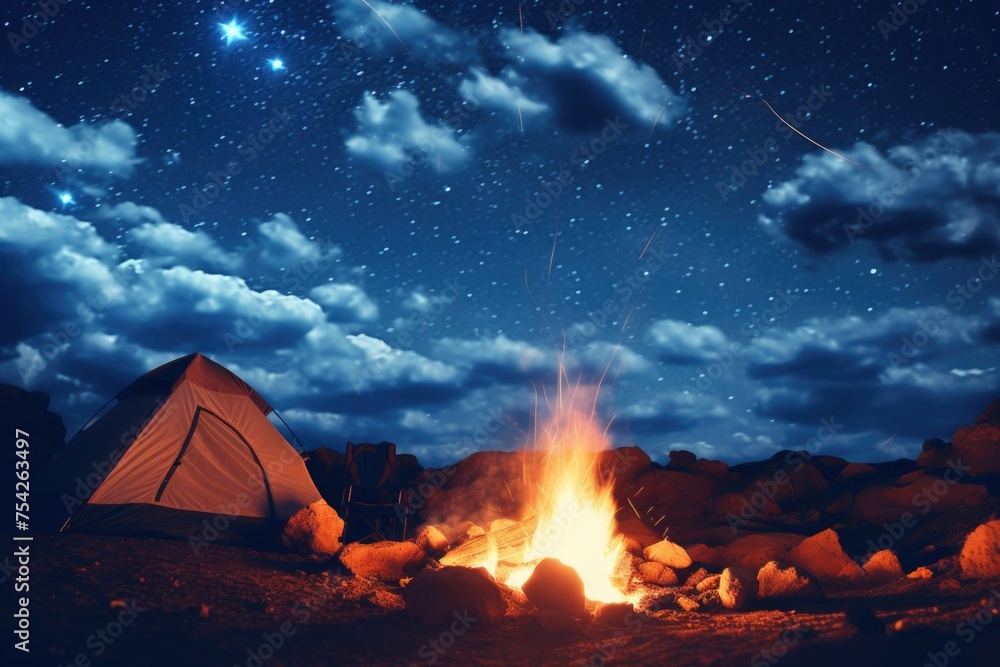 A cozy campfire burning with a tent in the background. Ideal for outdoor adventure concepts