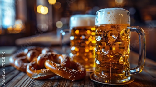 Traditional beer and pretzels on wooden table for Oktoberfest celebration