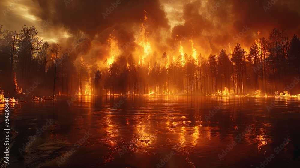 Intense wildfire blazing through a dense forest, reflecting on water with billowing smoke under a night sky. Intense wildfire blazing through a dense forest, reflecting on water with billowing smoke under a night sky.