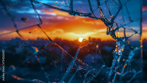 Dramatic urban sunset viewed through a shattered glass, symbolizing beauty in destruction