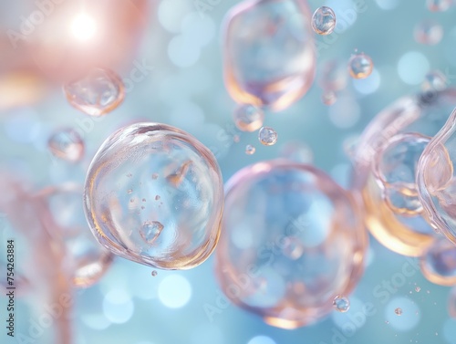 Shimmering soap bubbles float with a soft-focus blue background, creating a light and airy feel