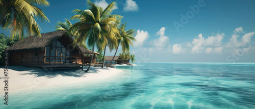 An aerial view on Tropical paradise.Luxury panorama view on Maldives resort on seascape background. Bungalow  villas on beautiful exotic beach on the ocean. Honeymoon. Generative ai