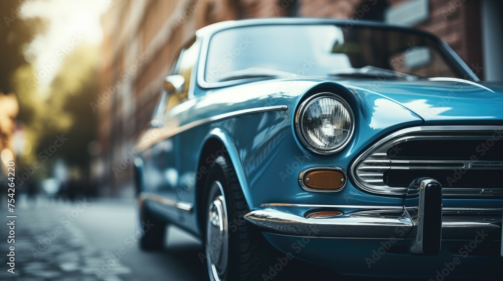 A blue car parked on the side of a street, suitable for automotive and transportation concepts