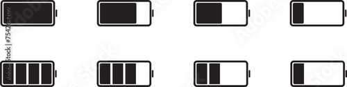 battery icon set, black and white, outlined battery icons, with charging sheet animation	
